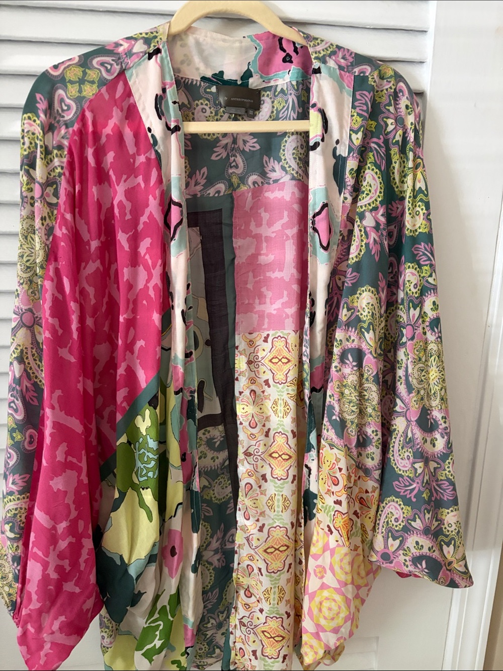Anthropologie Silk Patchwork Kimono in Pink, Green & Cream